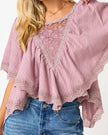 Lilac cotton flutter sleeve blouse with lace trim