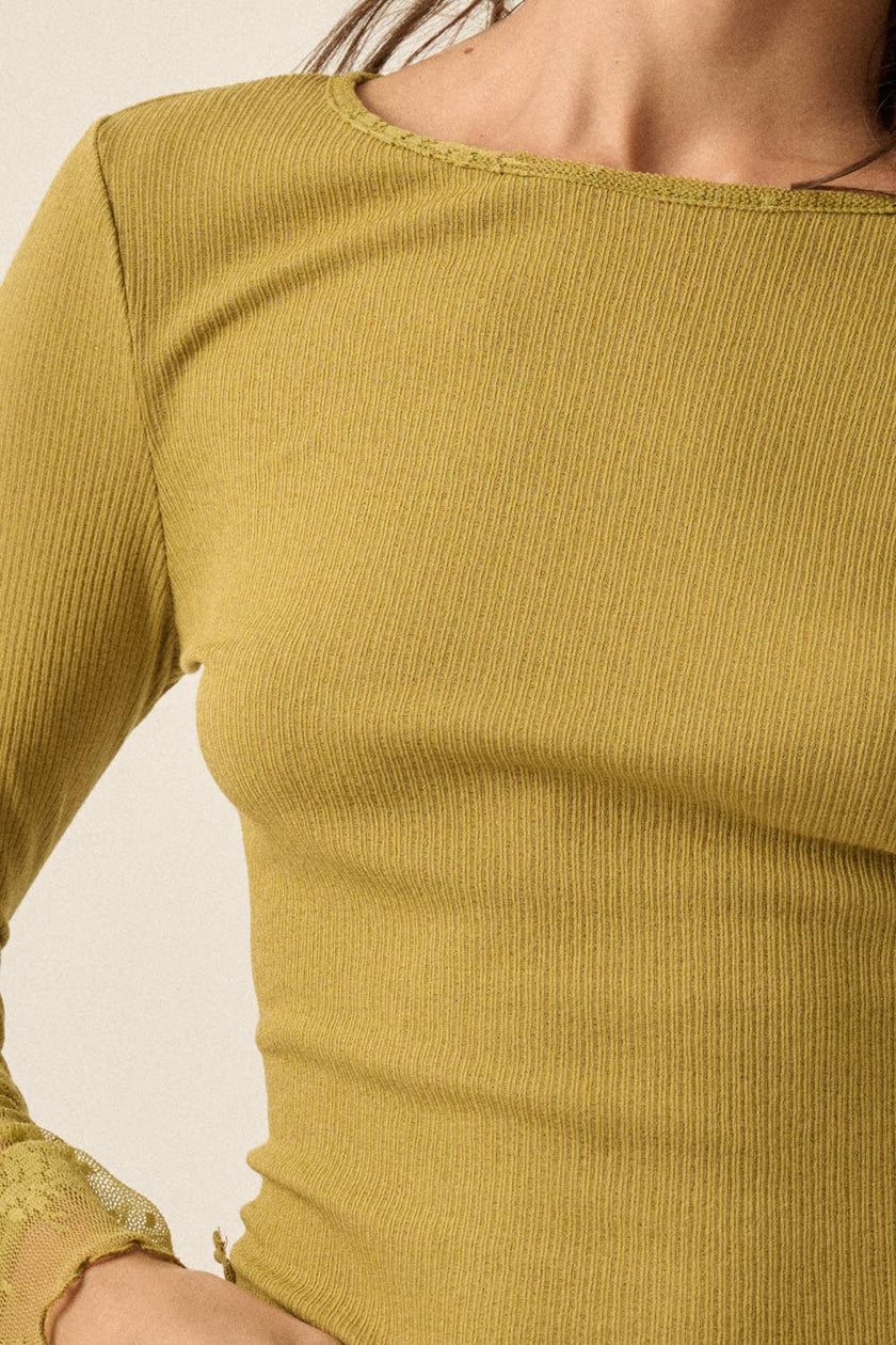 Chartreuse ribbed knit top with lace cuffs