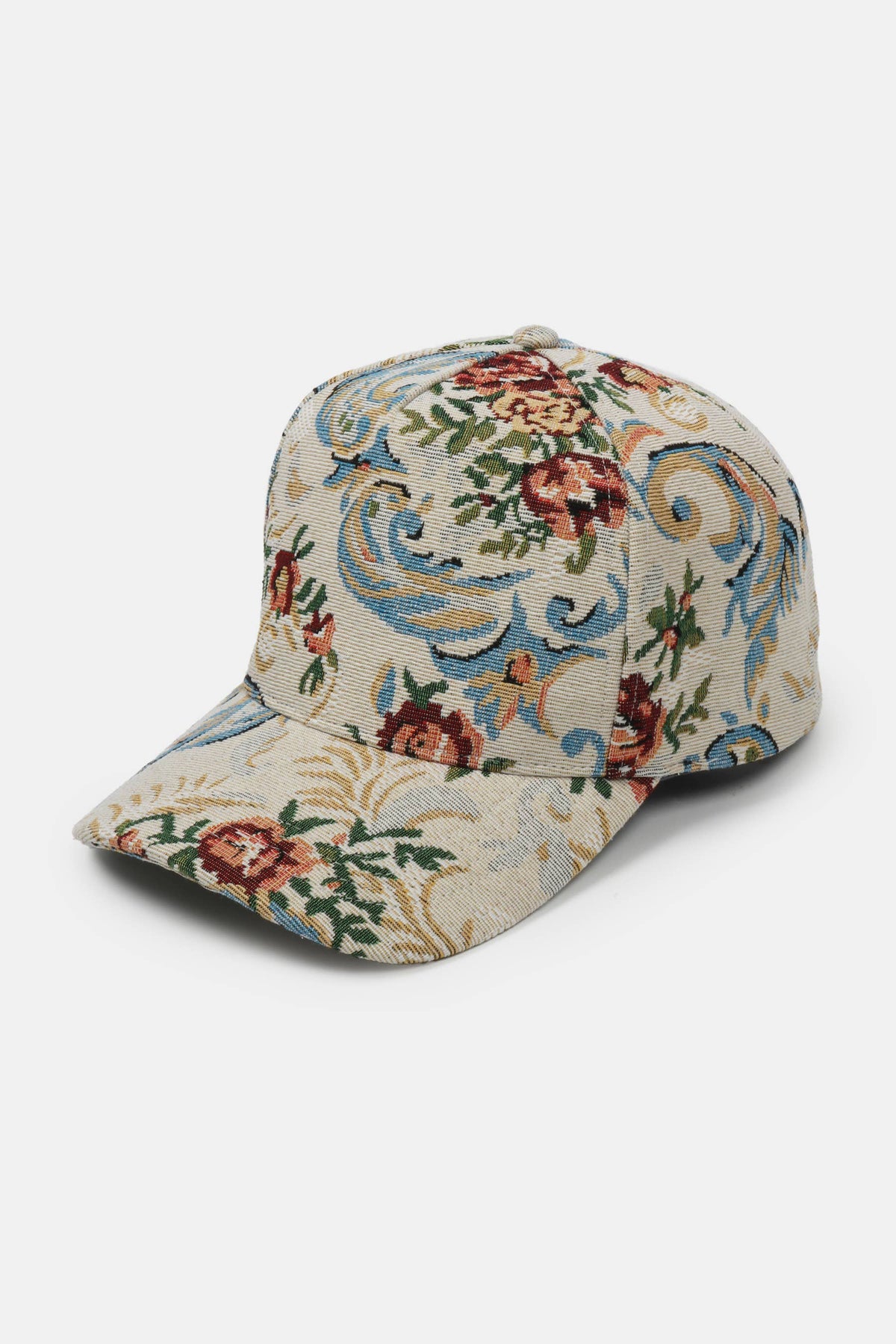 Beige floral brocade 5 panel baseball cap