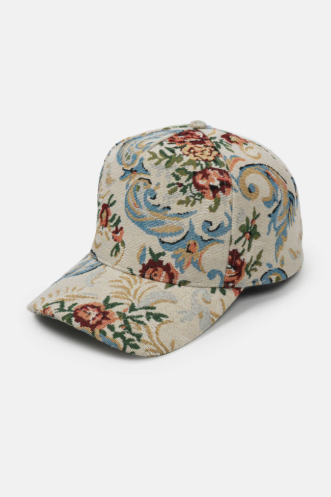 Beige floral brocade 5 panel baseball cap