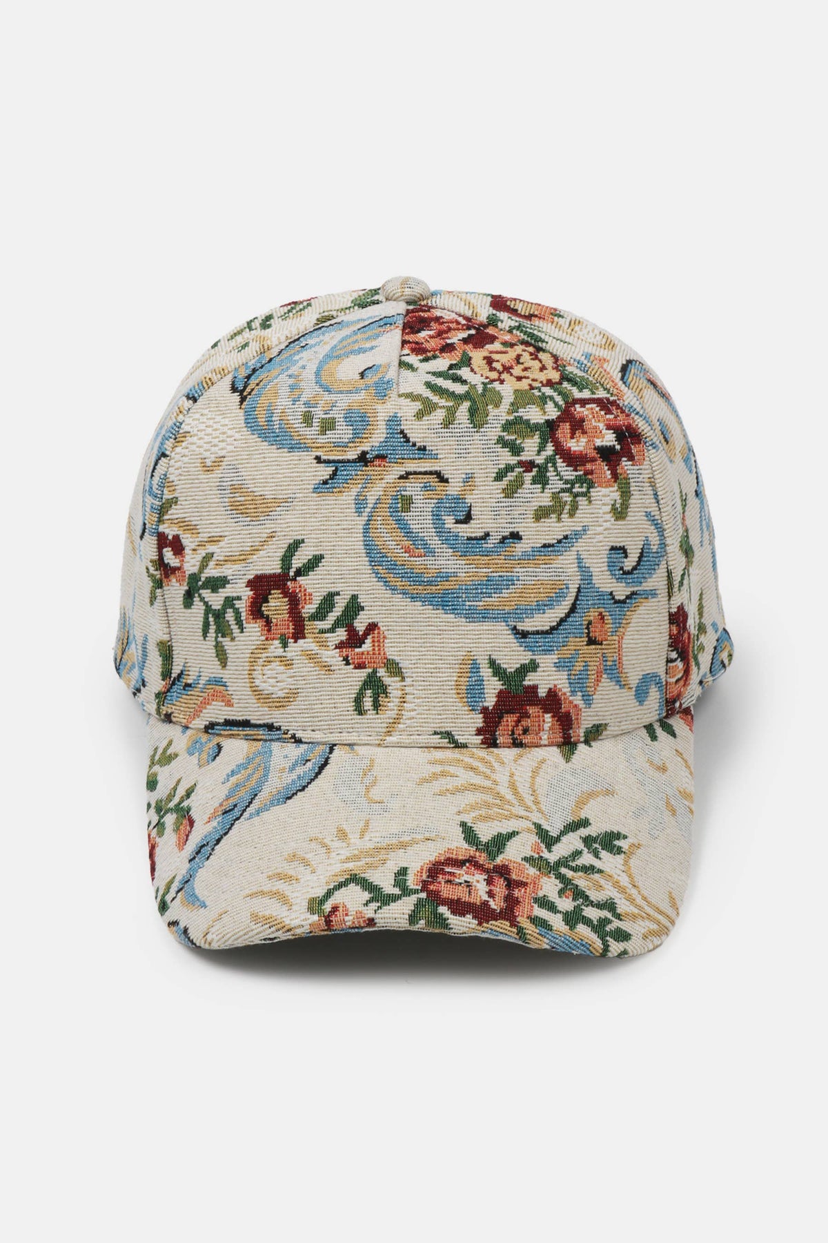 Beige floral brocade 5 panel baseball cap