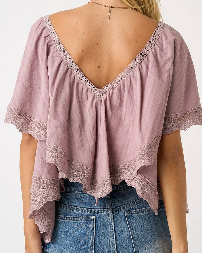 Lilac cotton flutter sleeve blouse with lace trim
