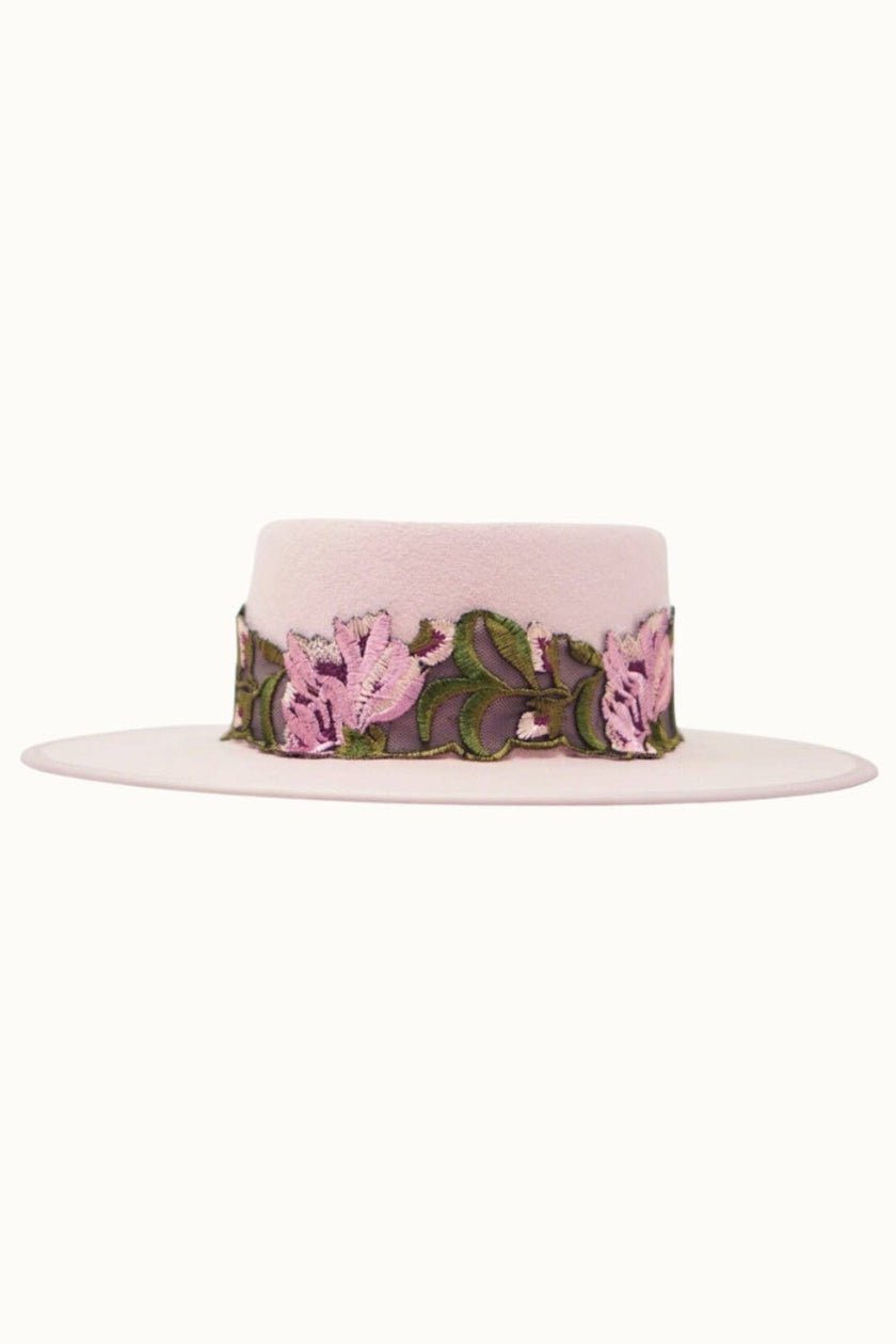 Blush wool felt gambler hat with lace band