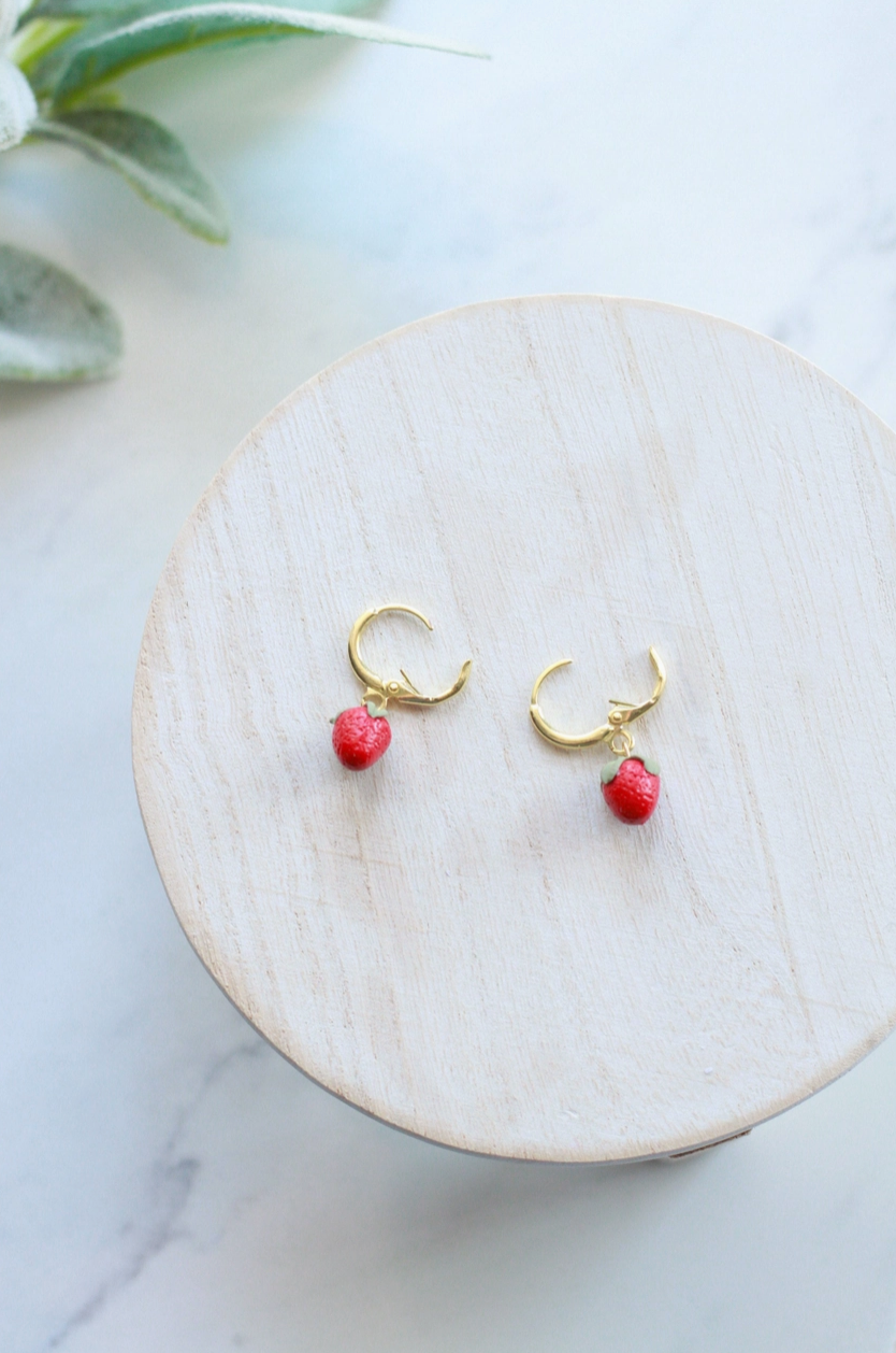Tiny Strawberry Huggies Earrings