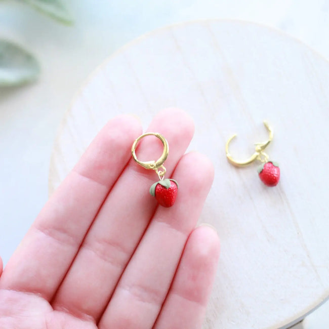 Tiny Strawberry Huggies Earrings