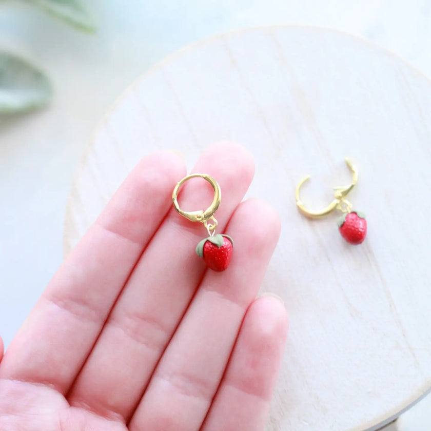 Tiny Strawberry Huggies Earrings