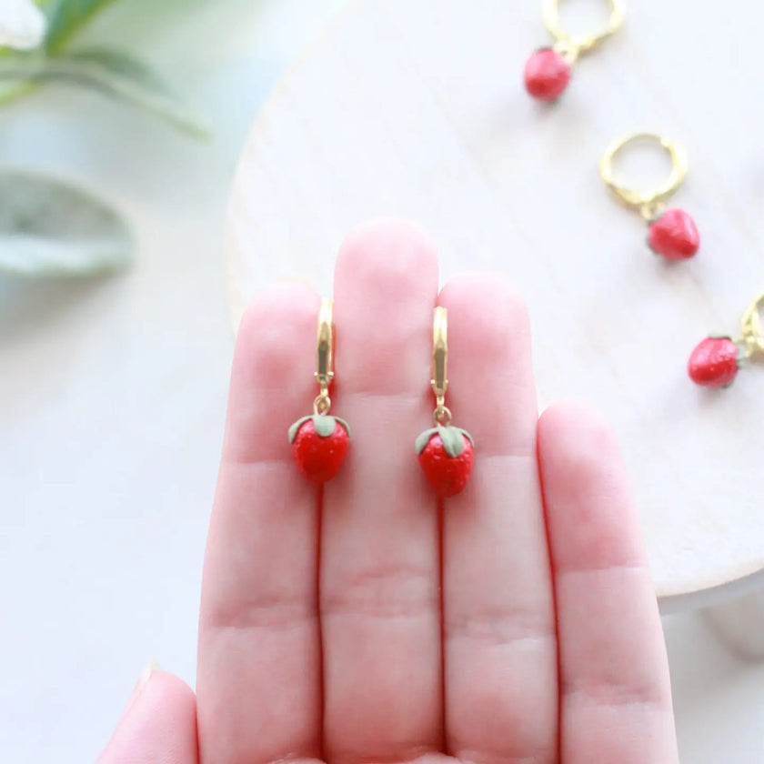 Tiny Strawberry Huggies Earrings