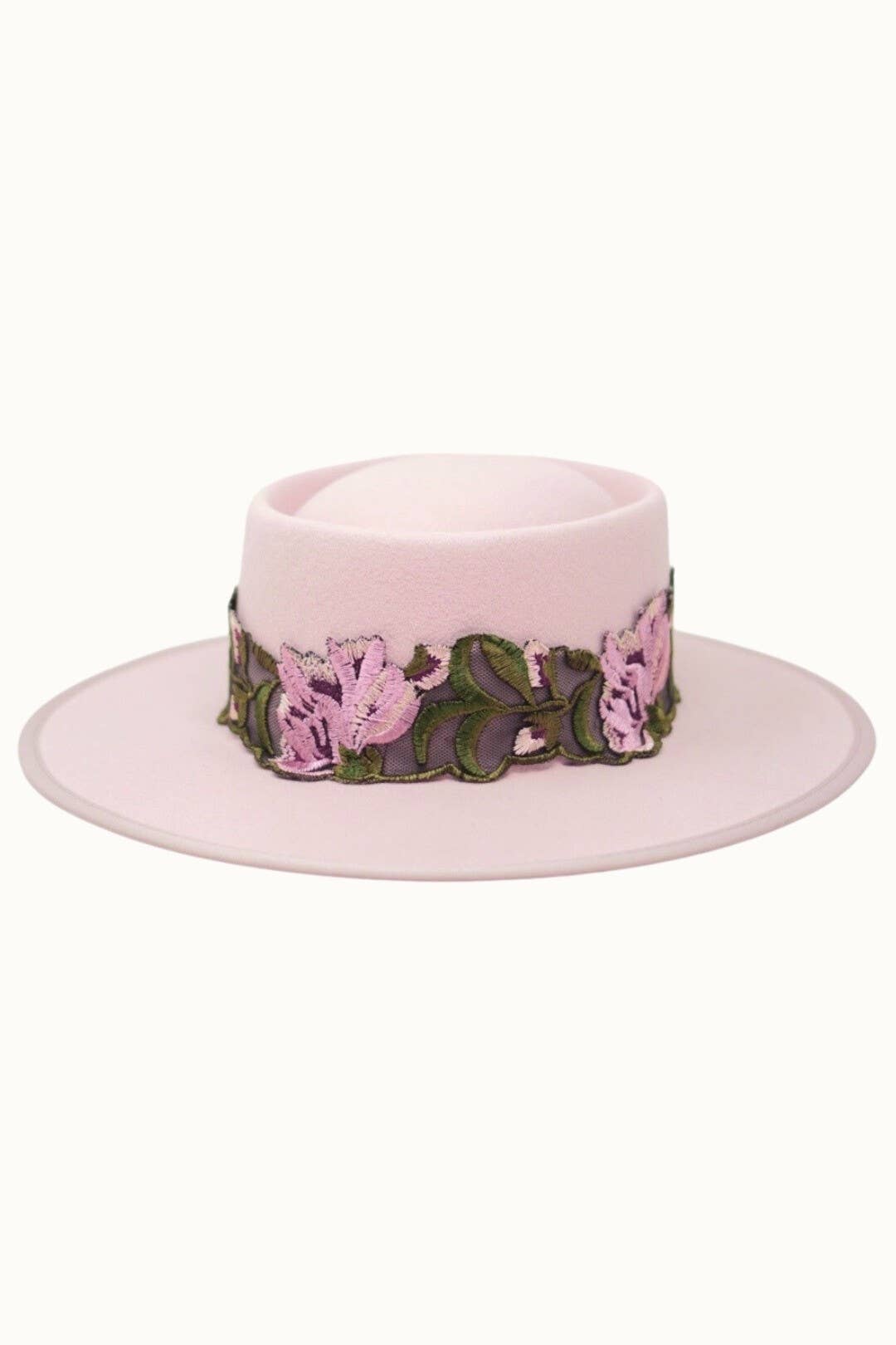 Blush wool felt gambler hat with lace band